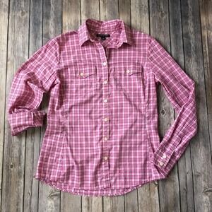 Banana Republic Plaid Oxford Shirt Women XS 0 2 Cotton Button Up Top Pink White‎